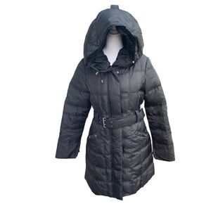 Zara Women's Black Hooded Puffer Down Quilted Coat Belted Zip Snap Closure Small